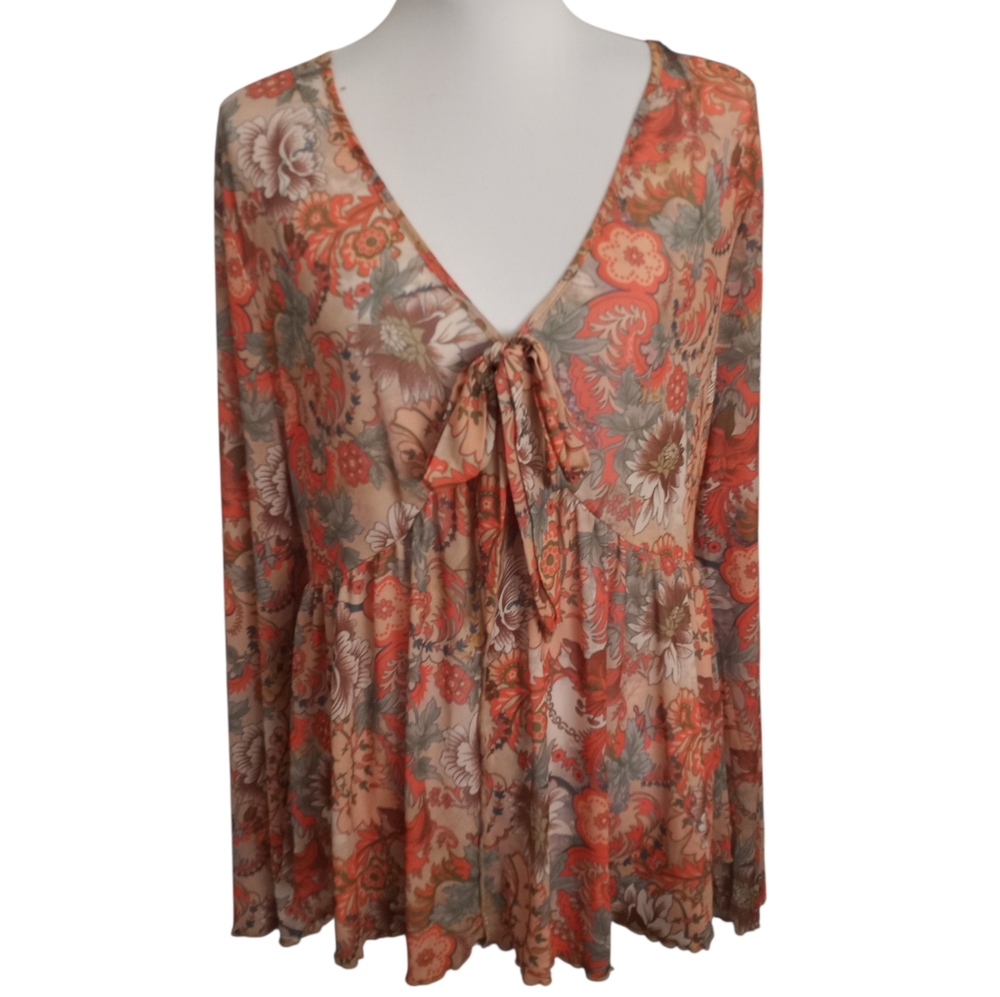 Amazon Floral Mesh V-Neck Long Sleeve Top Sz.3XL